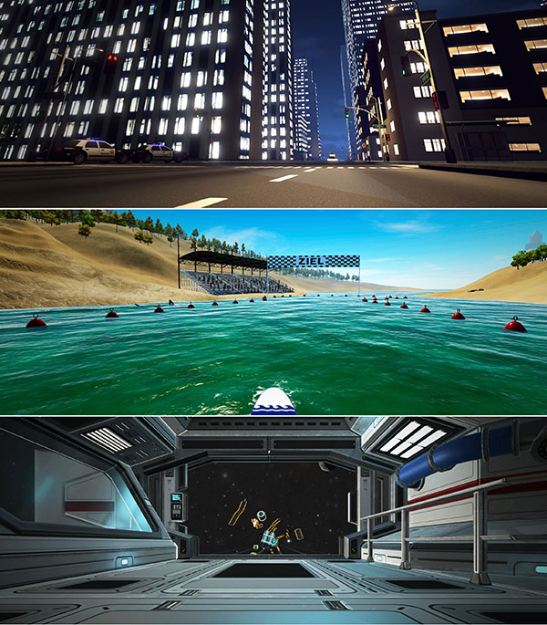tecmotion - Corporate Games 2020 Collage mit Ausschnitten aus den Spielen CityBoard, SurfBoard, SpaceBoard